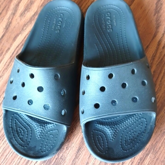 CROCS Black Slide Sandals, Unisex, Mens 9, Womens 11
